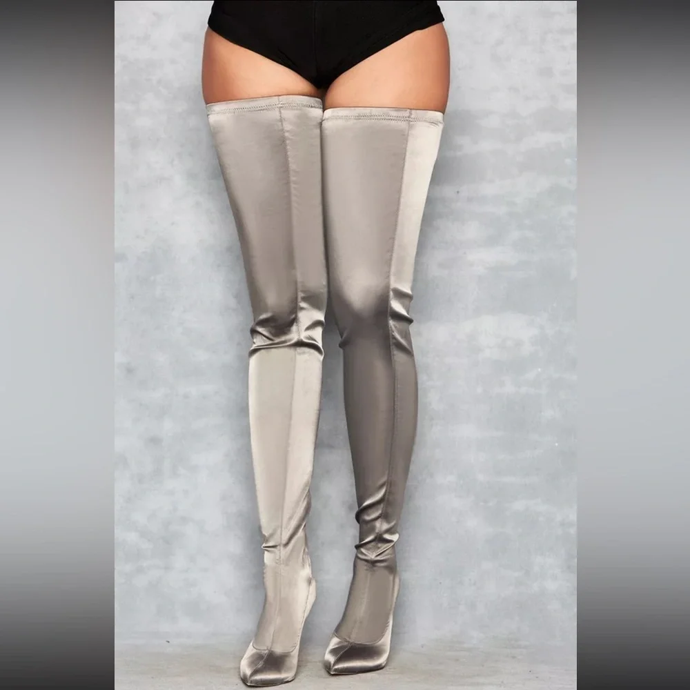 MISTRESS ROCKS 'Icon' Grey Satin Pu$$y-High Thigh Boots Size 8